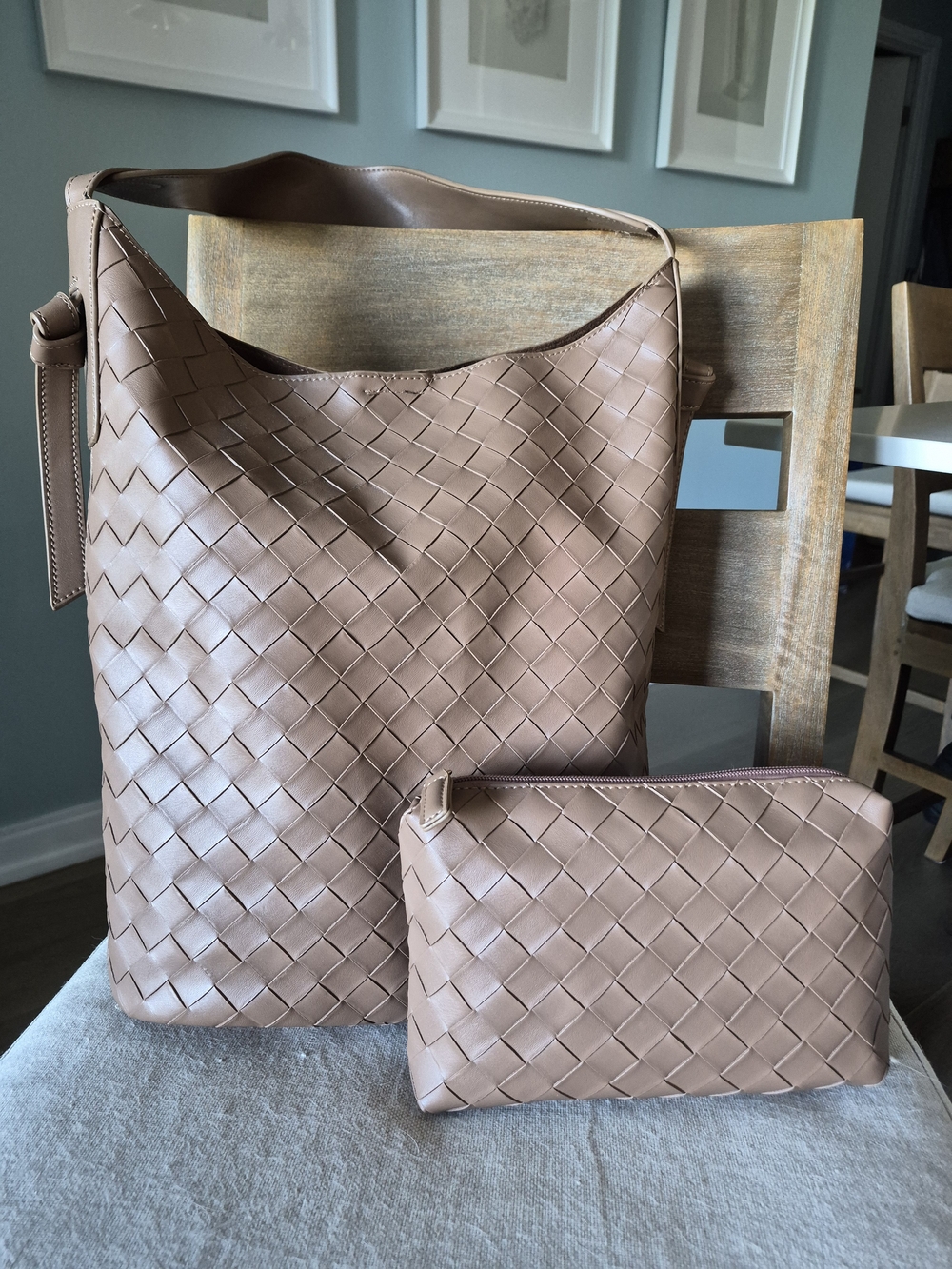 Anthropologie Woven Leather Hobo Bag with Pouch - Taupe